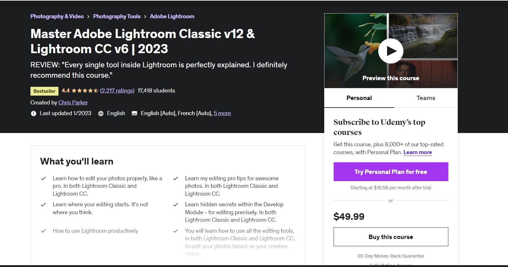 Adobe Lightroom CC+ Classic:Learn Photo Editing By Pro On Udemy 