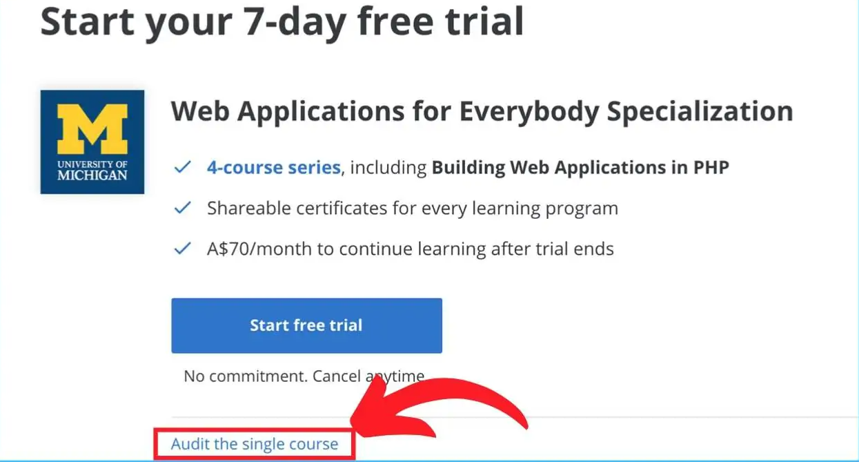 Click on the 'Audit the Single Course' Option