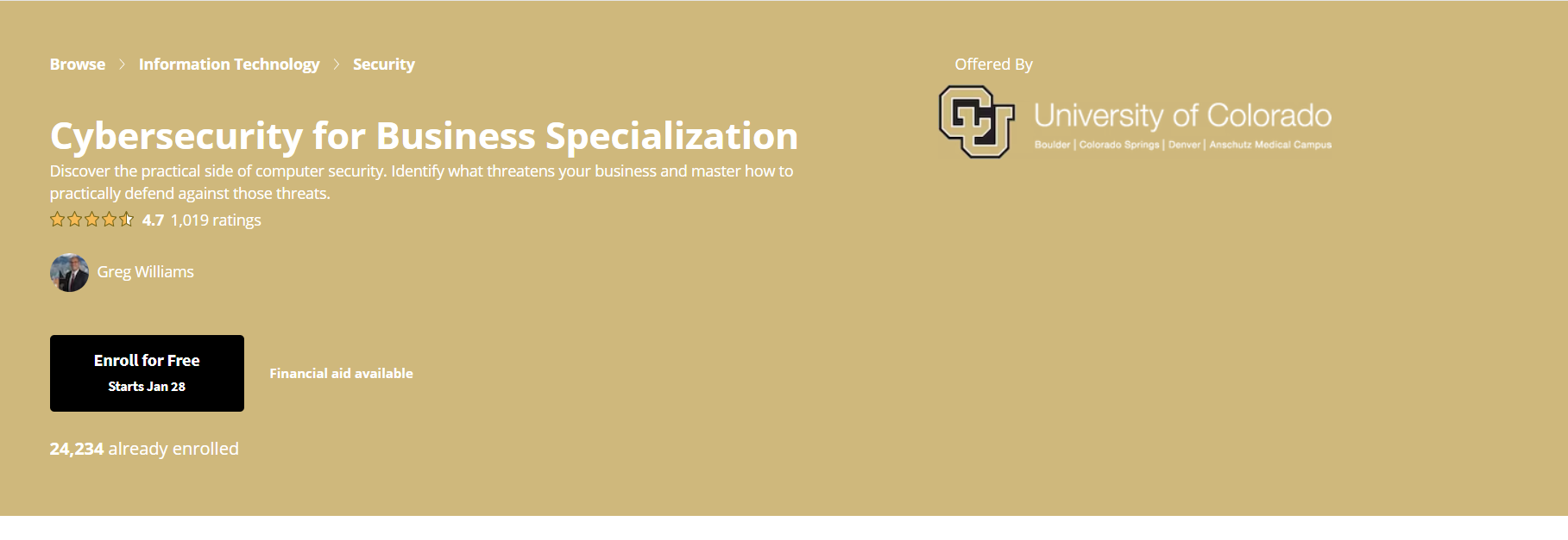 Cybersecurity for Business Specialization by the University of Colorado