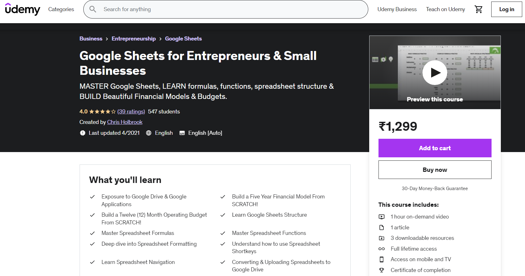Google Sheets for Entrepreneurs & Small Businesses