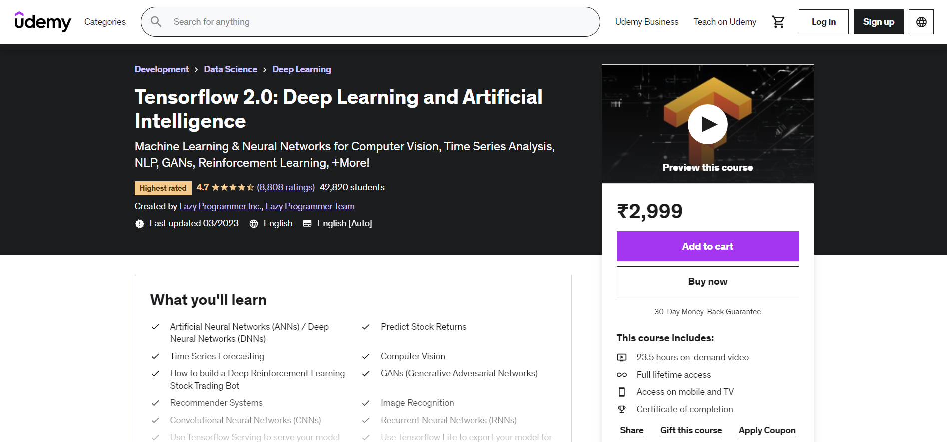 Tensorflow 2.0 Deep Learning and Artificial Intelligence
