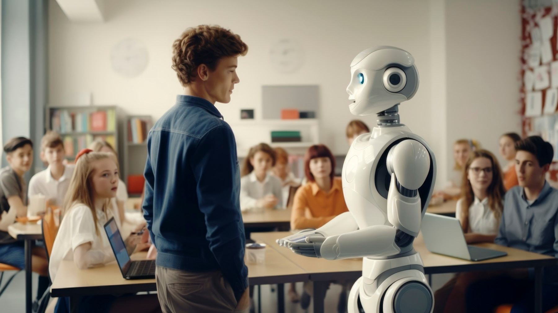 A man and a robot in a classroom
