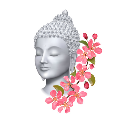 Buddha face with pink cherry flowers print