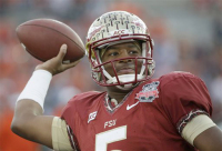 FILE - In this Jan. 6, 2014, file photo, Florida State quarterback Jameis Winston warms up before the National Championship college football game against Auburn in Pasadena, Calif. Attorneys for the woman who said Jameis Winston sexually assaulted her and an adviser for the Florida State quarterbacks family confirm there were discussions about a potential settlement deal last year. They strongly disagree, however, on who initiated the talks. Attorney David Cornwell said in a Sept. 23 letter to Florida State that the womans former lawyer Patricia Carroll demanded $7 million to settle her claim against Winston, the university and the Tallahassee Police Department. Baine Kerr, one of the lawyers for the woman, said in a statement emailed to The Associated Press that Cornwell sought the settlement. (AP Photo/David J. Phillip, File)