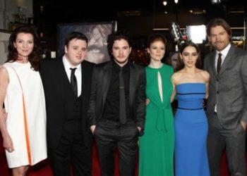 From left, cast members Michelle Fairley, John Bradley, Kit Harington, Rose Leslie, Emilia Clarke, and Nikolaj Coster-Waldau pose together at the premiere for the third season of the HBO television series "Game of Thrones" at the TCL Chinese Theatre on Monday, March 18, 2013 in Los Angeles. (Photo by Matt Sayles /Invision/AP)