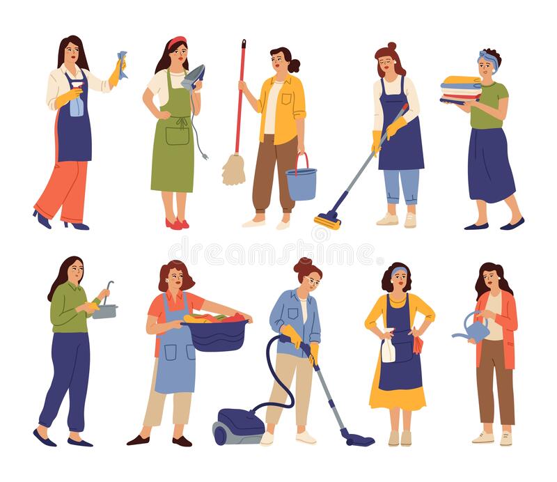 housewives character mother cooks housekeeper woman cleaning home isolated girl cleans washing swanky female domestic working